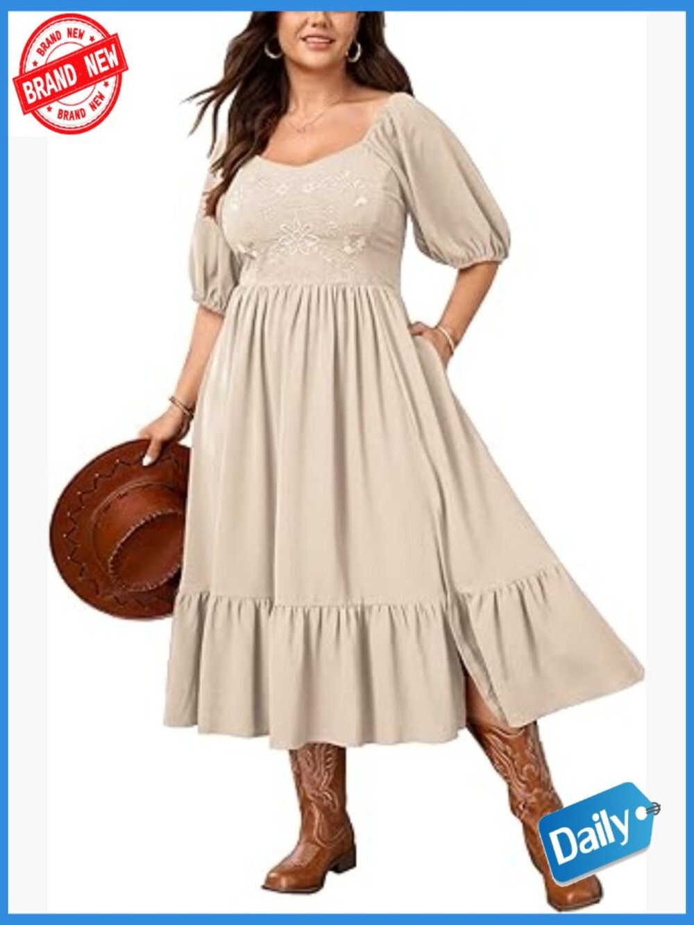 Plus Size Midi Dress Floral Embroidered Smocked Ruffle Split Boho